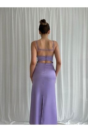 Sırt Dekolteli Ince Askılı Saten Carmel Elbise - Lila T4181