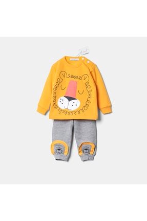 Erkek Bebek Aslan Baskılı Sarı Sweatshirt Gri 2'li Bebek Takımı 2926