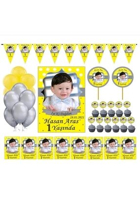 Sarı Gri Doğum Günü Parti Seti Kişiye Özel 33x48 Afiş Flama-6x9 18 Magnet Balon İkram Kürdanı 011