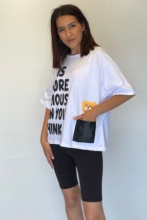 Kadın Tek Cep Ayıcık Detay Kısa T-shirt WEPPATSRT18023