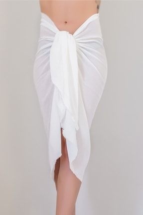 Beyaz Uzun Pareo Kadın Plaj Elbisesi Yeni Sezon Püskül Detaylı giaco092