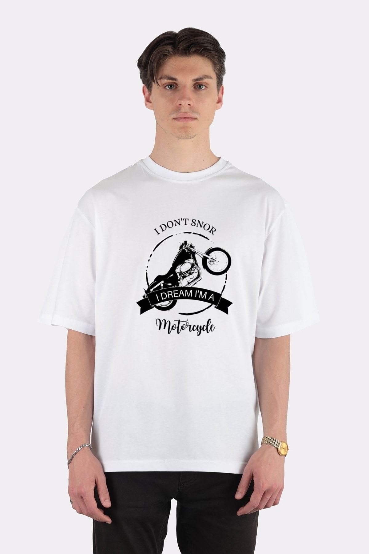 GreenMint Tricou Supradimensionat Alb Unisex Nu Sforăie Visez Că Sunt Motocicletă, Motociclist Unisex - L