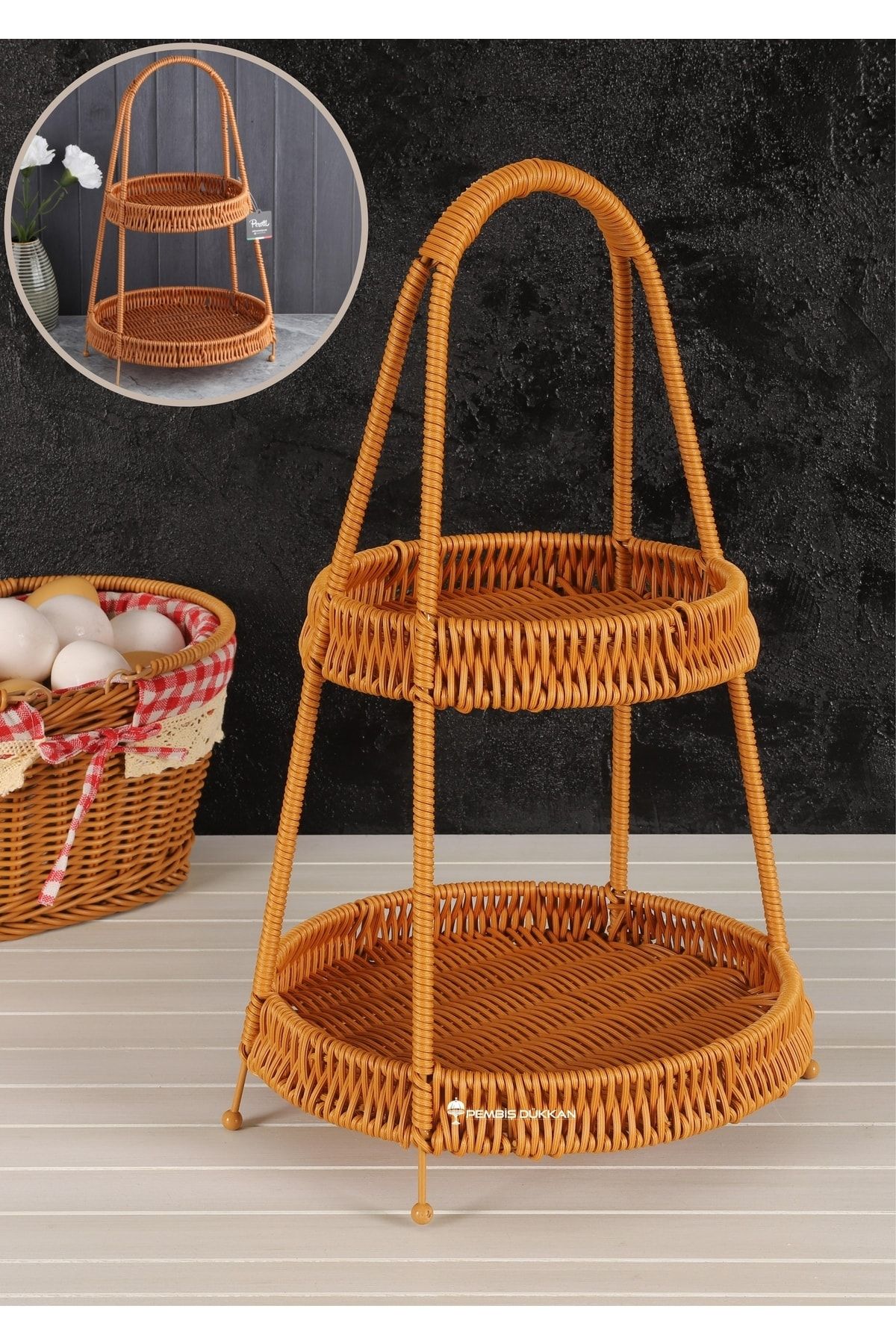 PEMBİŞ DÜKKAN 2 Katlı Rattan Sunumluk Kurabiyelik