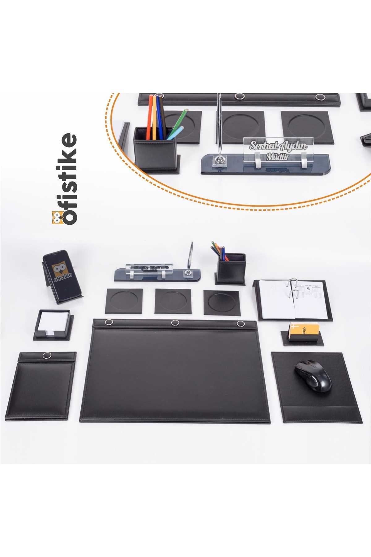 Ofistike Siyah 10 Parça Düğmeli Sümen Takımı Kalemli Kristal Masa Isimlik Lüks Sümen Seti Ofis Masa Isimliği