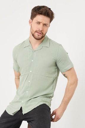 Erkek Slim Fit Keten Apaş Yaka Kısa Kollu Gömlek Yeşil 2709UNYA