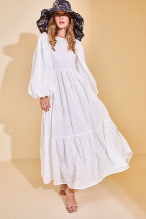 Kadın Beyaz Fistolu Balon Kol Elbise 2YZK6-12897-01