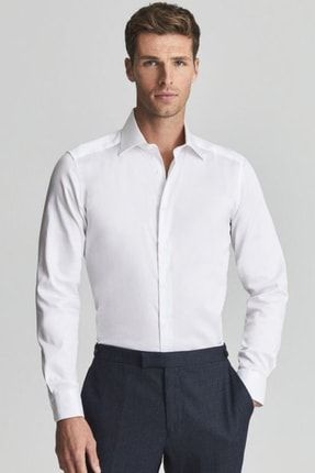 Erkek Beyaz %100 Pamuk Compact Saten Premium Casual Modern Fit Cepsiz Gömlek elagance00719472