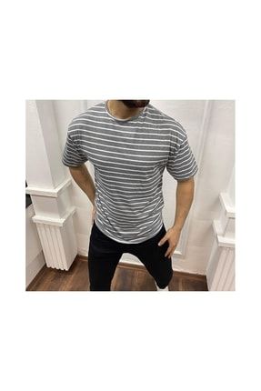 Çizgili Gri Oversiz T-shirt TW529146