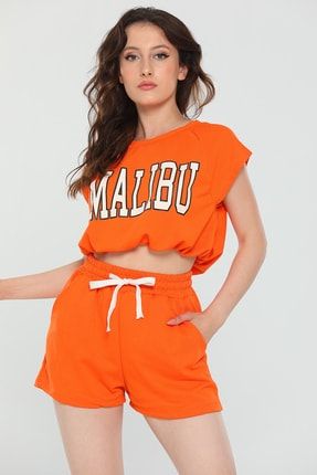 Orange Kadın Likralı Sıfır Kol Baskılı T-shirt Şort Alt Üst Ikili Takım P-040401