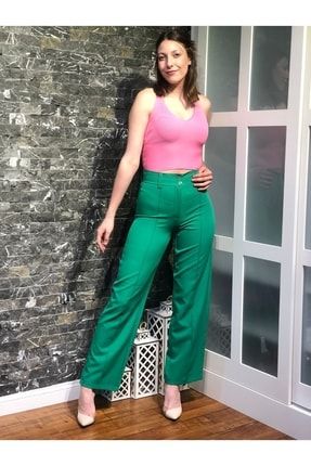 Kadın Yeşil Renk Önden Dikiş Detaylı Ekstra Yüksek Bel Palazo Pantolon 00610