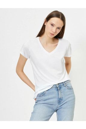 Kadın Beyaz V-yaka Yarasa Kol Basic T-shirt Gn-0002 GN-0002