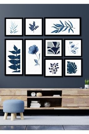 9 Parça Ahşap Duvar Dekoru - Mavi Yapraklar Salon Oturma Yatak Odası Mutfak Antre Için Tablo Seti NT0X00243