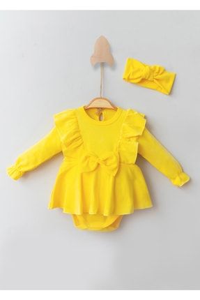 Kız Bebek Fiyonklu Romper Alttan Çıtçıtlı Bandanalı Elbise t-1041mc