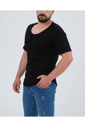 Siyah Açık Yaka Geniş Yaka Kısa Kol Oval Kesim Regular T-shirt TH-3095