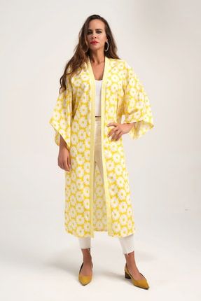 Çiçekli Marin Terrycotton Sarı Kimono Kaftan 4008