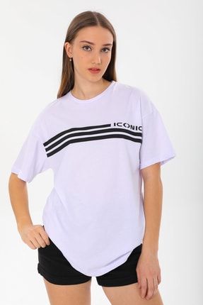 Kadın Beyaz Oversize Bisiklet Yaka Baskılı %100 Pamuklu T-shirt ICO1NICB9
