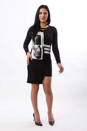 Kadın Siyah Kuru Kafa Baskılı Tasarım Sweat Elbise MY-ELB0011