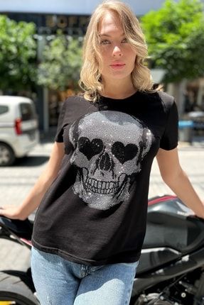 Kurukafa Crystal Taşlı Siyah Büyük Beden Pamuk Kadın T-shirt 9031