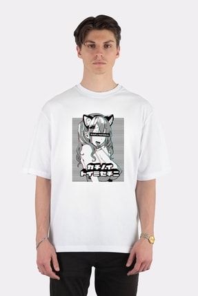 Unisex Beyaz Oversize T-shirt Waifu Material Ahegao Face Anıme Neko Gırl (gift For Otaku) AA1635