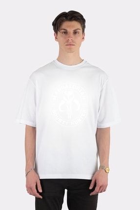 Unisex Beyaz Oversize T-shirt Star Wars The Mandalorian Bounty Hunter Faded Logo AA1452