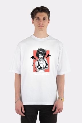Unisex Beyaz Oversize T-shirt Ahegao Waifu Material Anime Devıl Gırl (for Otaku) AA1027