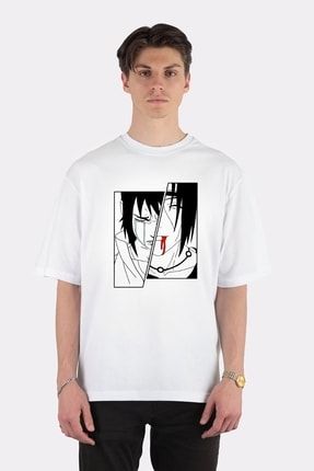 Unisex Beyaz Oversize T-shirt Itachi And Sasuke Minimalist V2 AA1174