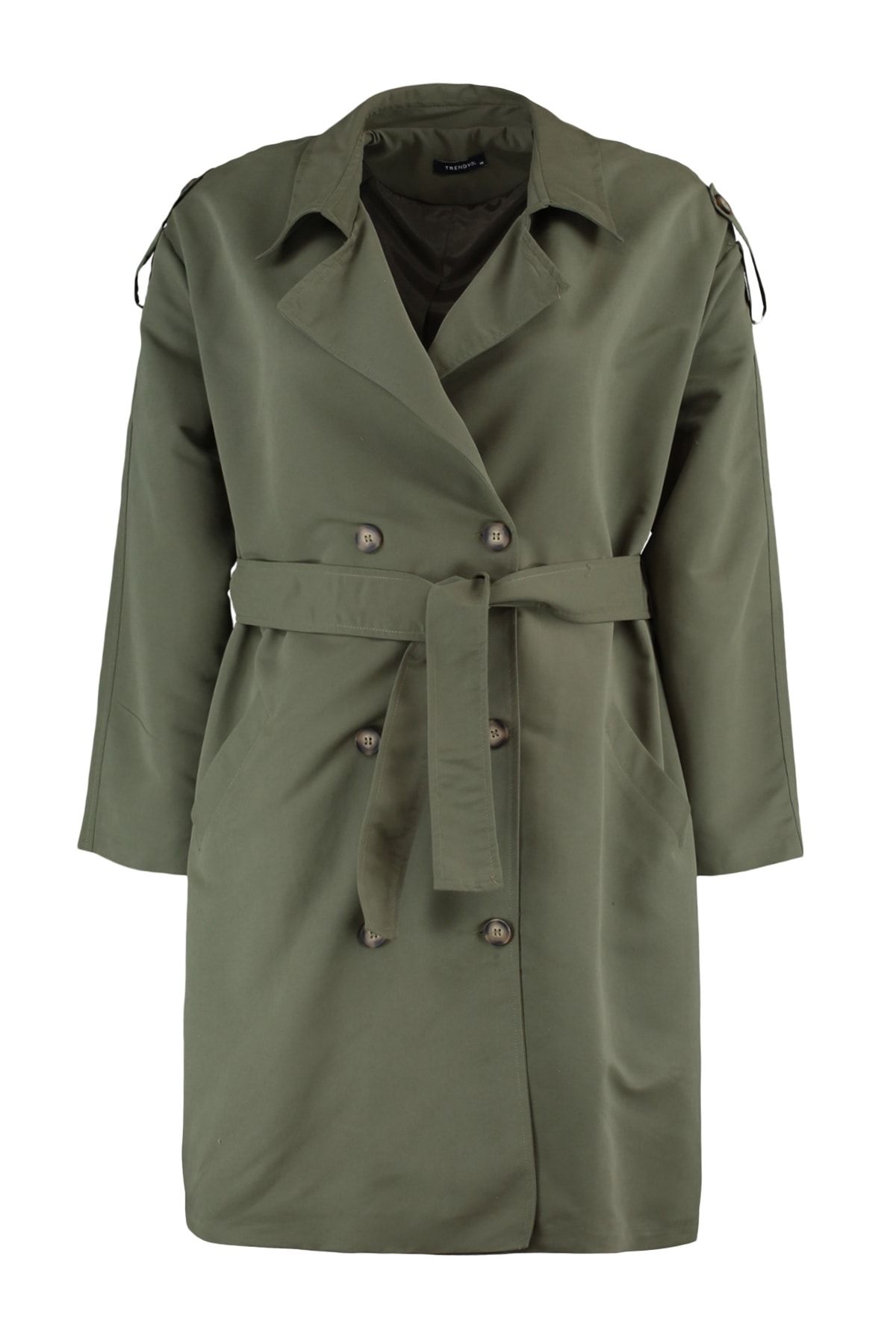 Trendyol Curve-Khaki Shoulder Epaulet Detailed Jacket Collar Belted Wide Fit Trench Coat Tbbaw23Bm00001 6