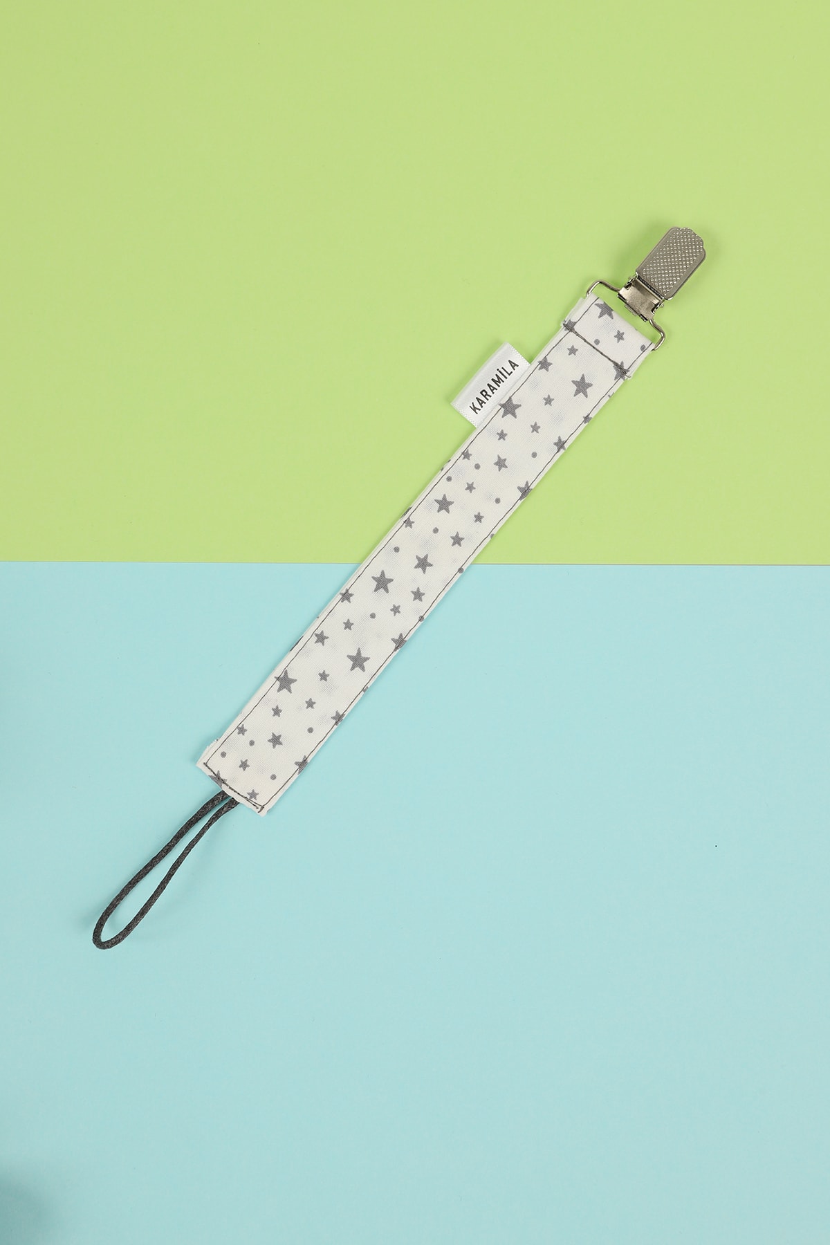 KARAMİLA %100 Pamuk 2'li Yıldız Desen Beyaz Lacivert Kumaş Emzik Askısı - Emzik Zinciri fotoğrafı 4 (önizleme)