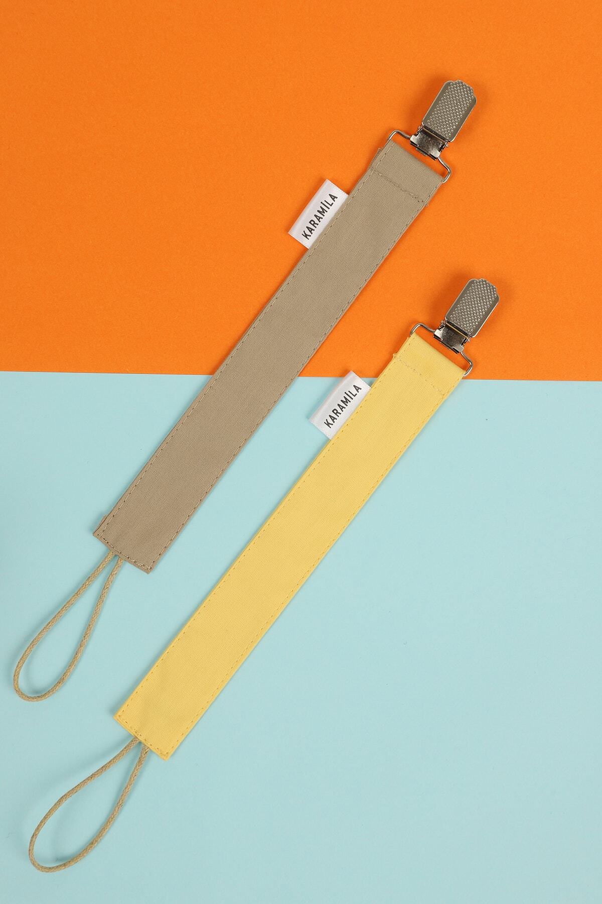 KARAMİLA 2'li Sarı - Bej Renk %100 Pamuk Kumaş Bebek Emzik Askısı - Emzik Zinciri - Emzik Tutacağı fotoğrafı 2 (önizleme)