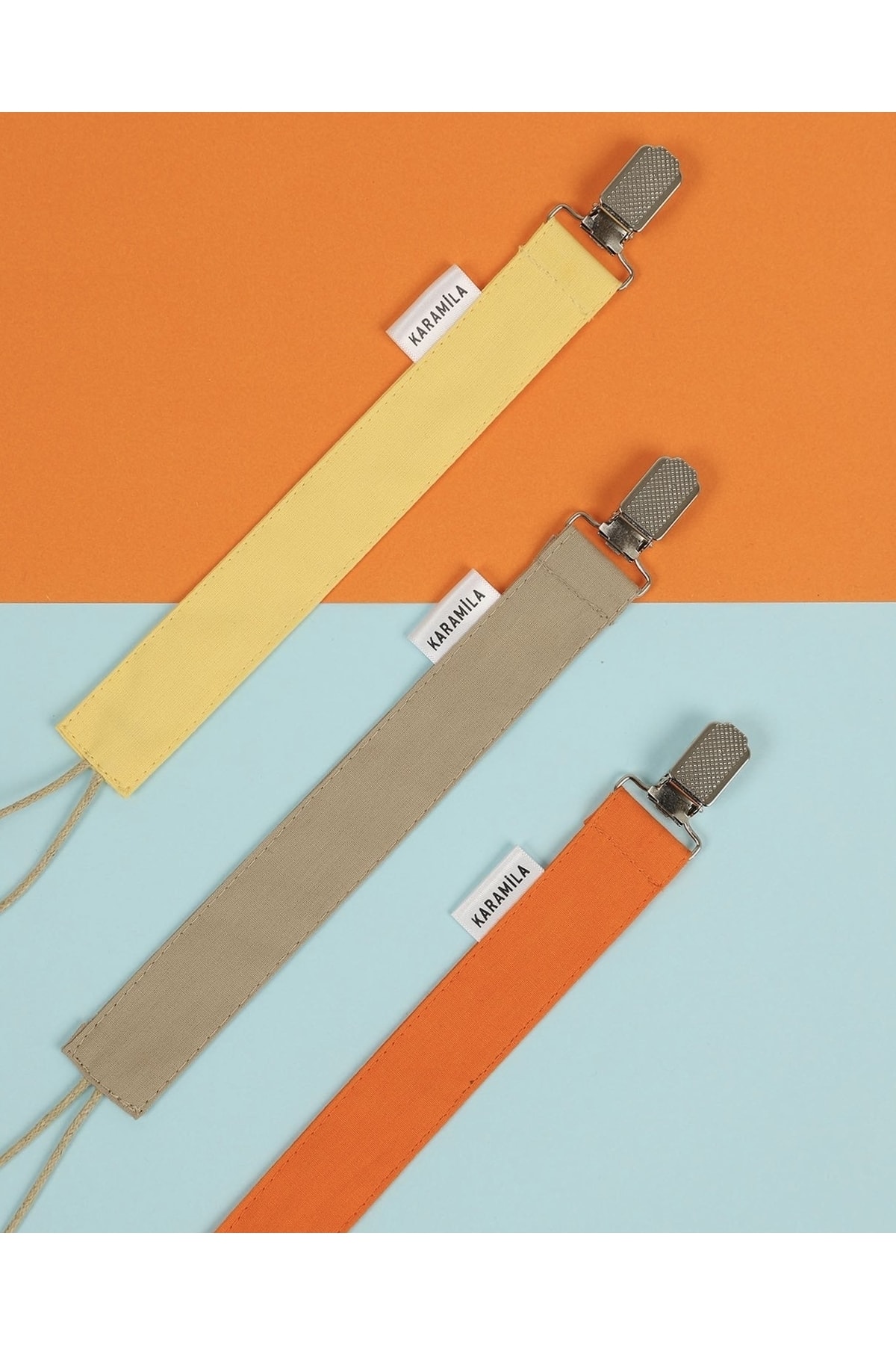 KARAMİLA 3'lü Bej Sarı Pudra Renk Poplin Kumaş Emzik Askısı - Emzik Zinciri