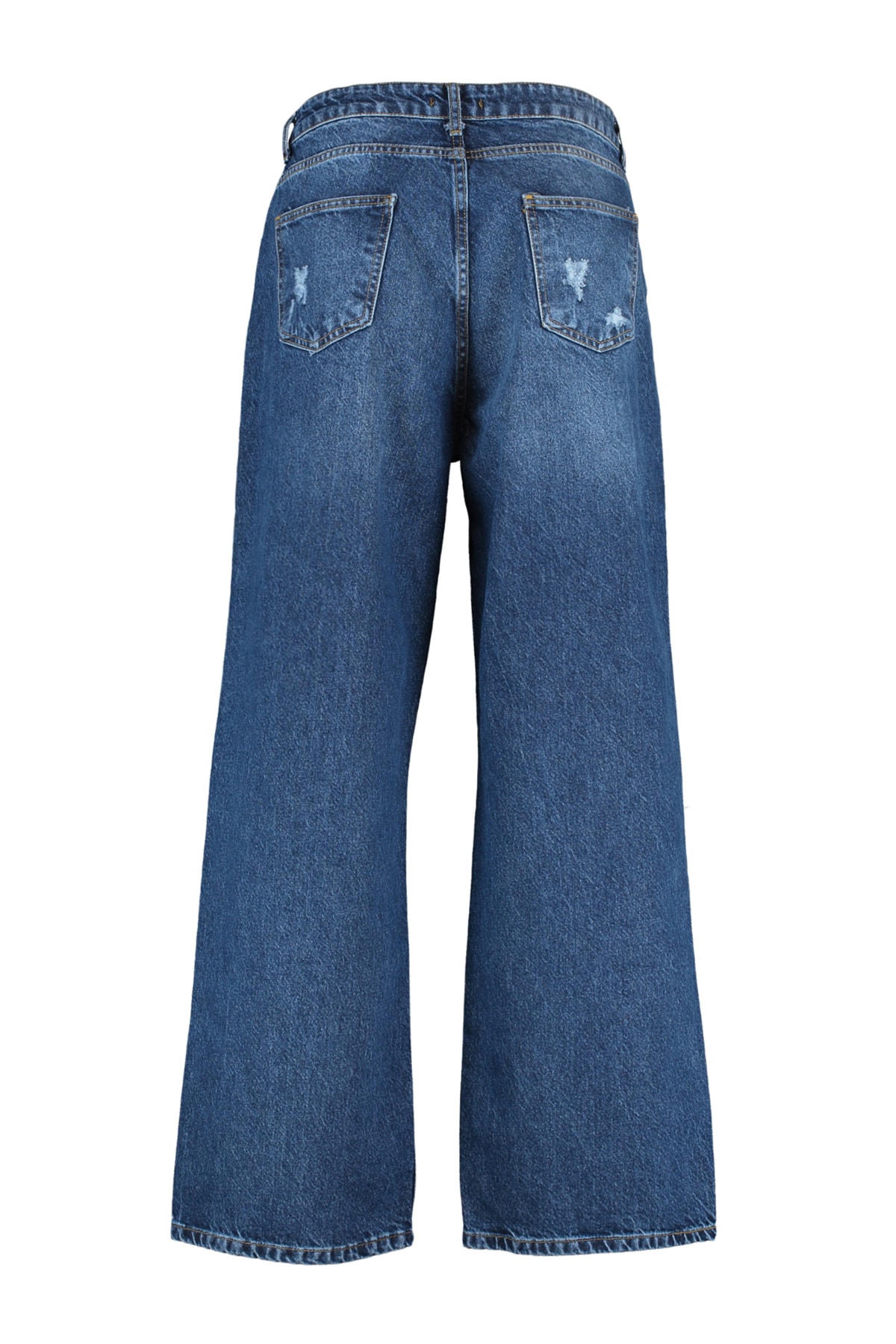 Trendyolmilla  Koyu Mavi Yüksek Bel Destroylu Geniş Paça/Wide Leg %100 Pamuk Büyük Beden Jeans TBBSS22JE00006 - Görsel 14