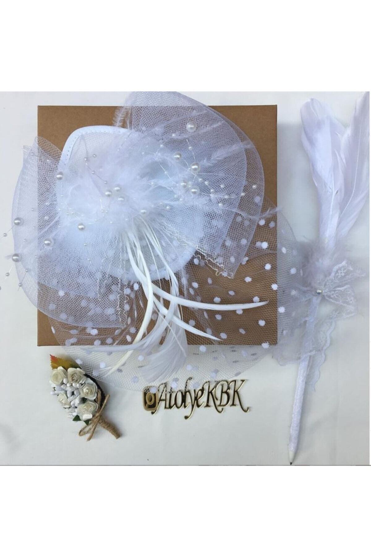 3-Piece Set White Polka Dot Pearl Bridal Cap Wedding Hat Voile Groom Collar Flower and Feather Pen