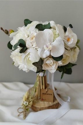 Kırık Beyaz Renk Yapay Gelin Buketi Nişan Çiçeği - Yaka Çiçeği Hediye BKT41