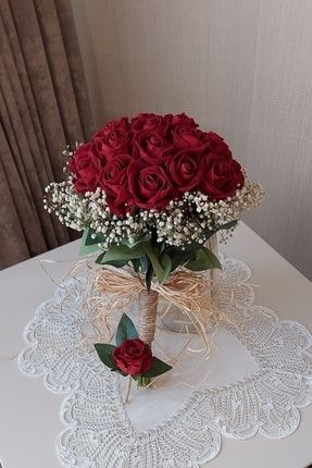 Yeni Sezon Gelin Çiçeği Ve Damat Yaka Çiçeği! Kadife Kırmızı Gül Demeti! Nişan Düğün Buketi VR9195GL1