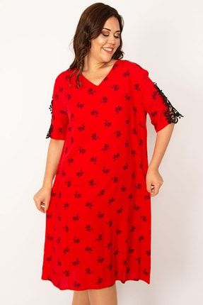 Kadın Kırmızı Dokuma Viskon Kumaşv Yaka Dantel Detaylı Elbise 65n33533 65N33533
