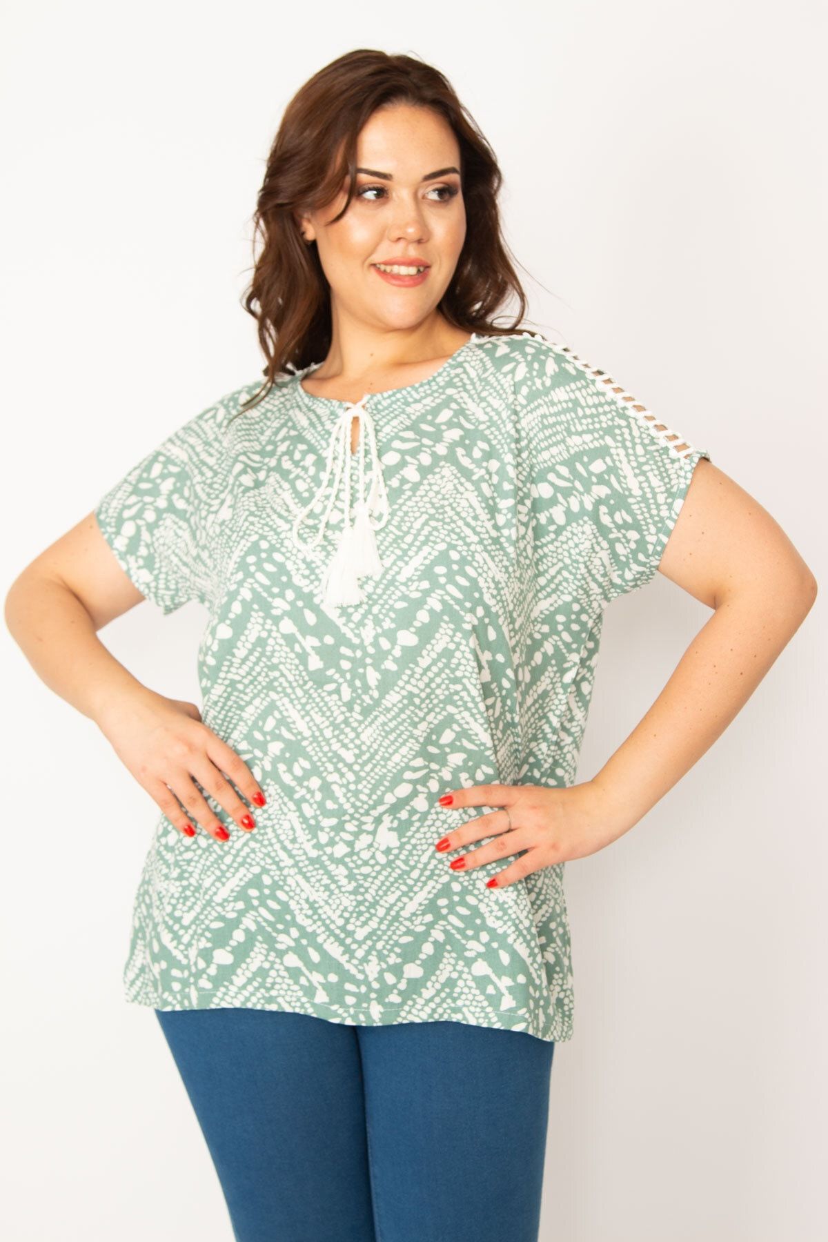 Şans-Women's Large Size Green Shoulder Lace Woven Fabric Collar Lace Blouse 65n33536 5