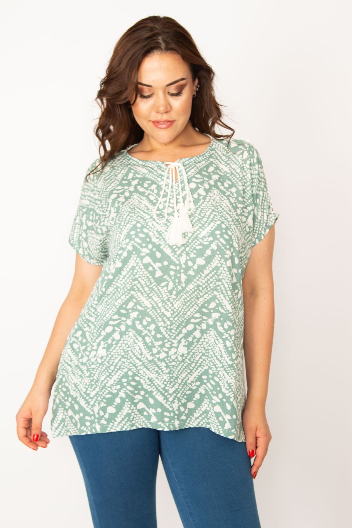 Şans-Women's Large Size Green Shoulder Lace Woven Fabric Collar Lace Blouse 65n33536 6