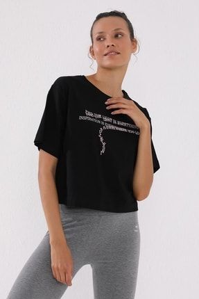 Kadın Siyah Yazı Baskılı Kısa Oversize O Yaka T-shirt T10BY-97135
