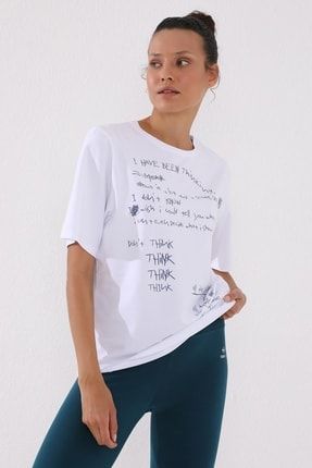 Kadın Beyaz El Yazısı Baskılı Oversize O Yaka T-shirt 97137 T10BY-97137