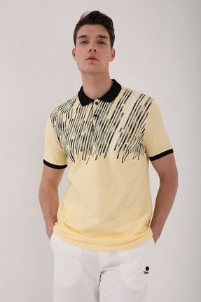 Sarı Erkek Kesik Çubuk Baskılı Standart Kalıp Polo Yaka T-shirt - 87963 T10ER-87963
