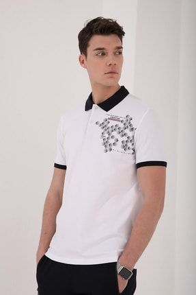Beyaz Erkek Petek Desen Baskılı Standart Kalıp Polo Yaka T-shirt - 87928 T10ER-87928