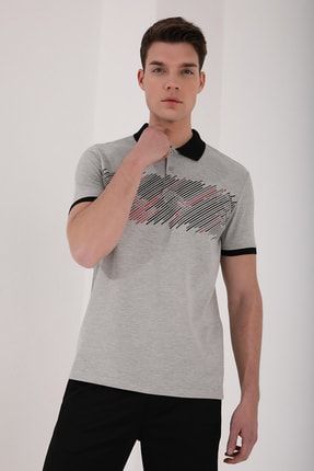 Gri Melanj Erkek Sayı Detaylı Çizgi Baskılı Standart Kalıp Polo Yaka T-shirt - 87955 T10ER-87955