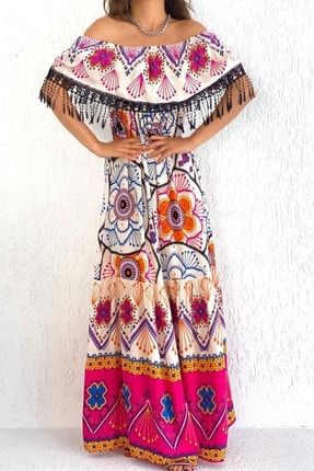 Mandala Desenli Püsküllü Yazlık Elbise Fuşya DB0405