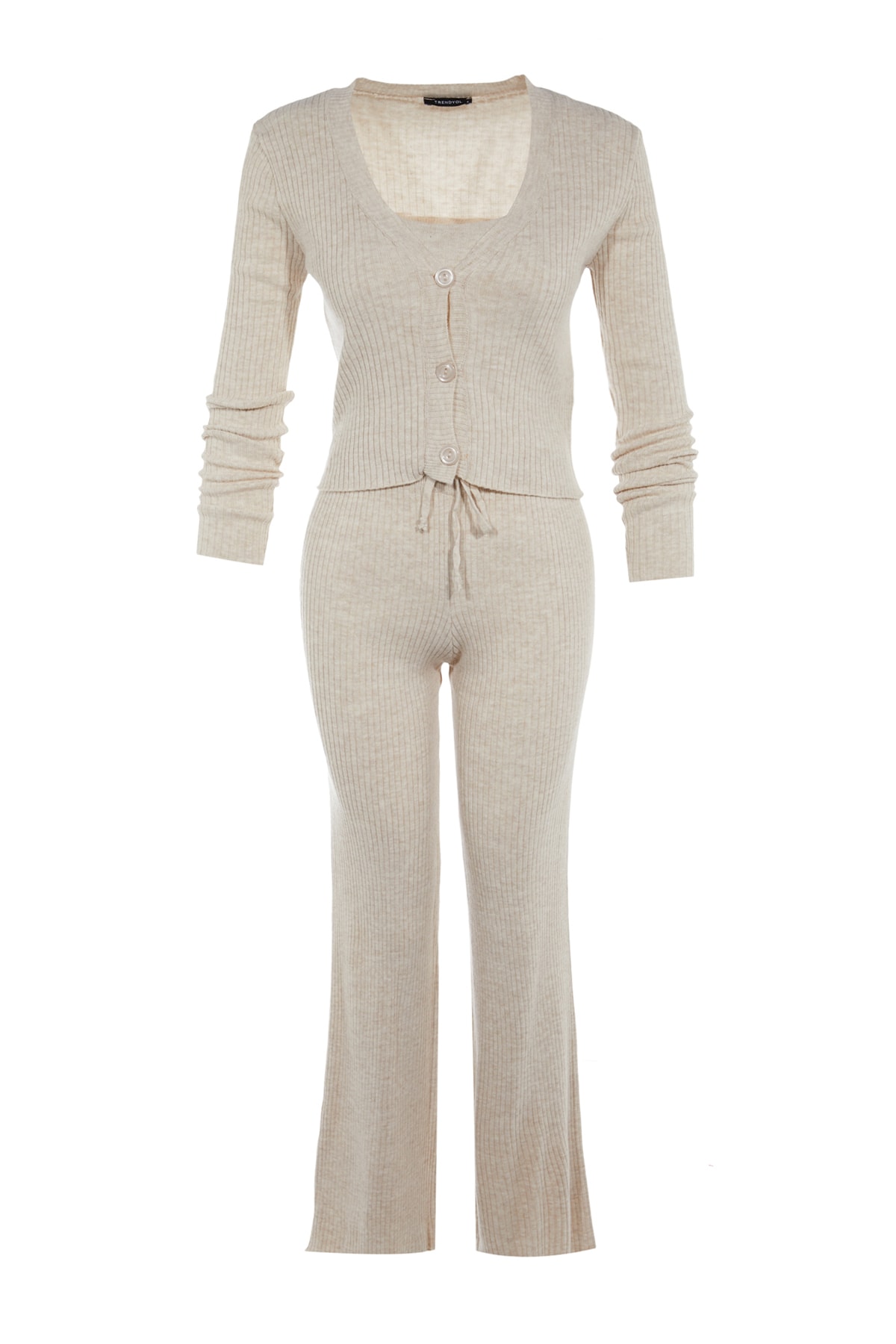 Trendyolmilla  Bej Fitillli Bluz Hırka Pantolon Triko Alt-Üst Takım TWOAW22AU0006 - Görsel 5