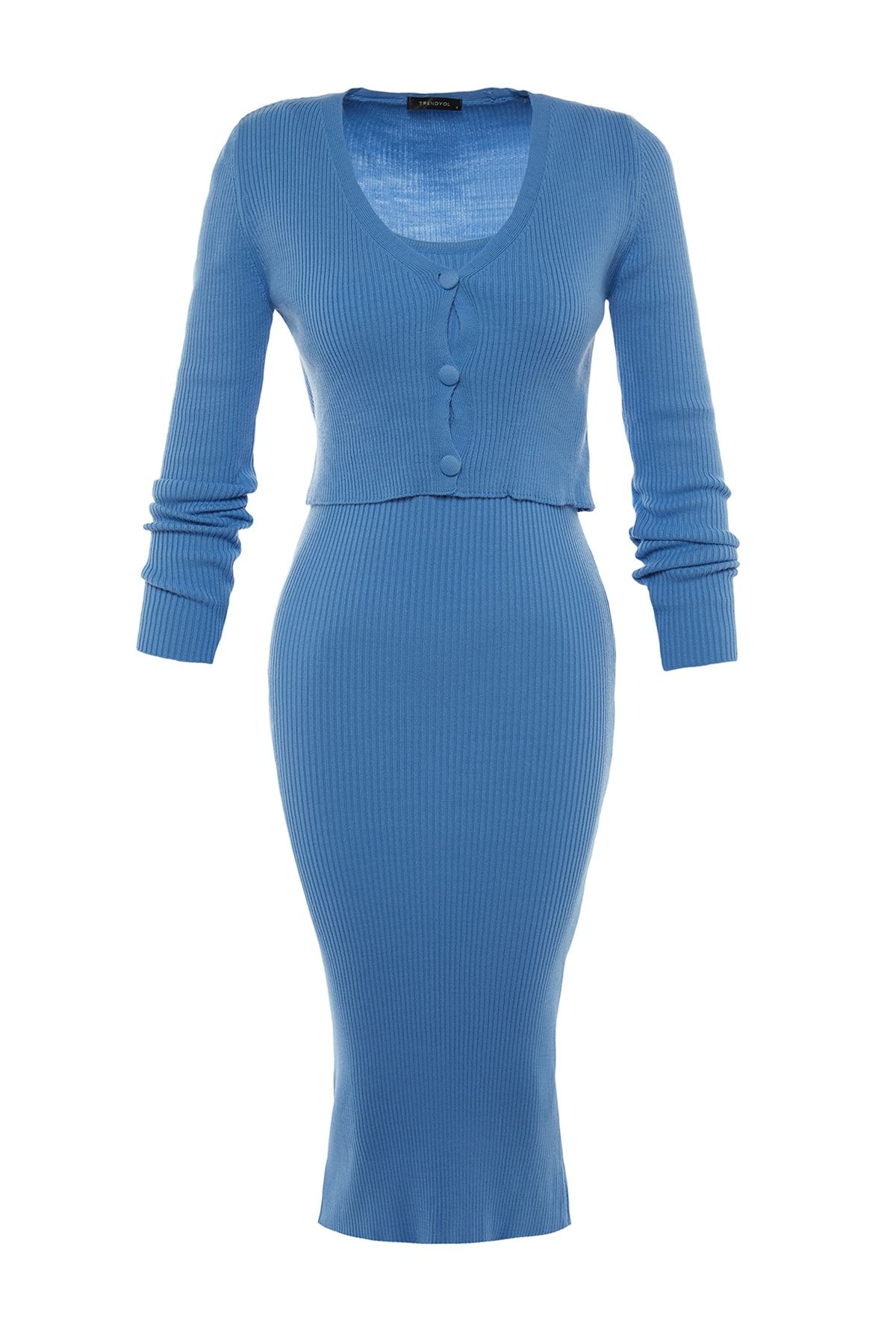 Trendyol Collection-Blaues Set aus mittellangem Strickcardigan und Kleid - TWOSS21EL0208 6