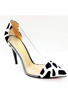 Şeffaf Stiletto Zebra Siyah Beyaz 10 Cm Sivriburun Kadın Ayakkabı Afilli Cadde 022 Ten