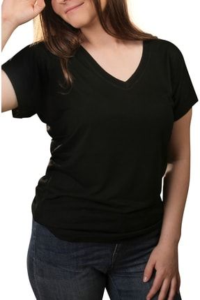 Kadın Siyah V Yaka Yarasa Kol T-shirt 888-050