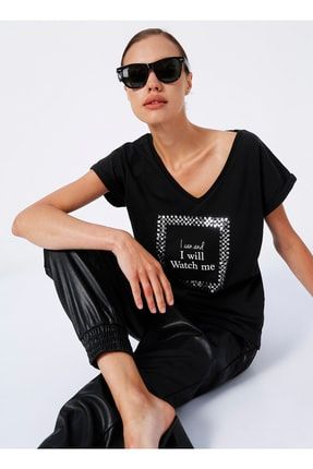 Comfort V Yaka Basic Taşlı Siyah Kadın T-shirt Cm-a-real 5002823230