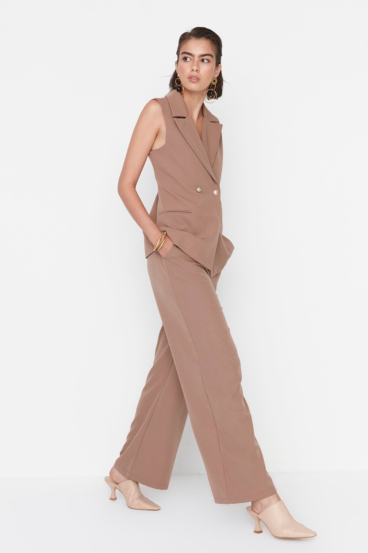 Trendyol Collection-Mink magas derekú szőtt nadrág TWOAW23PL00134 2