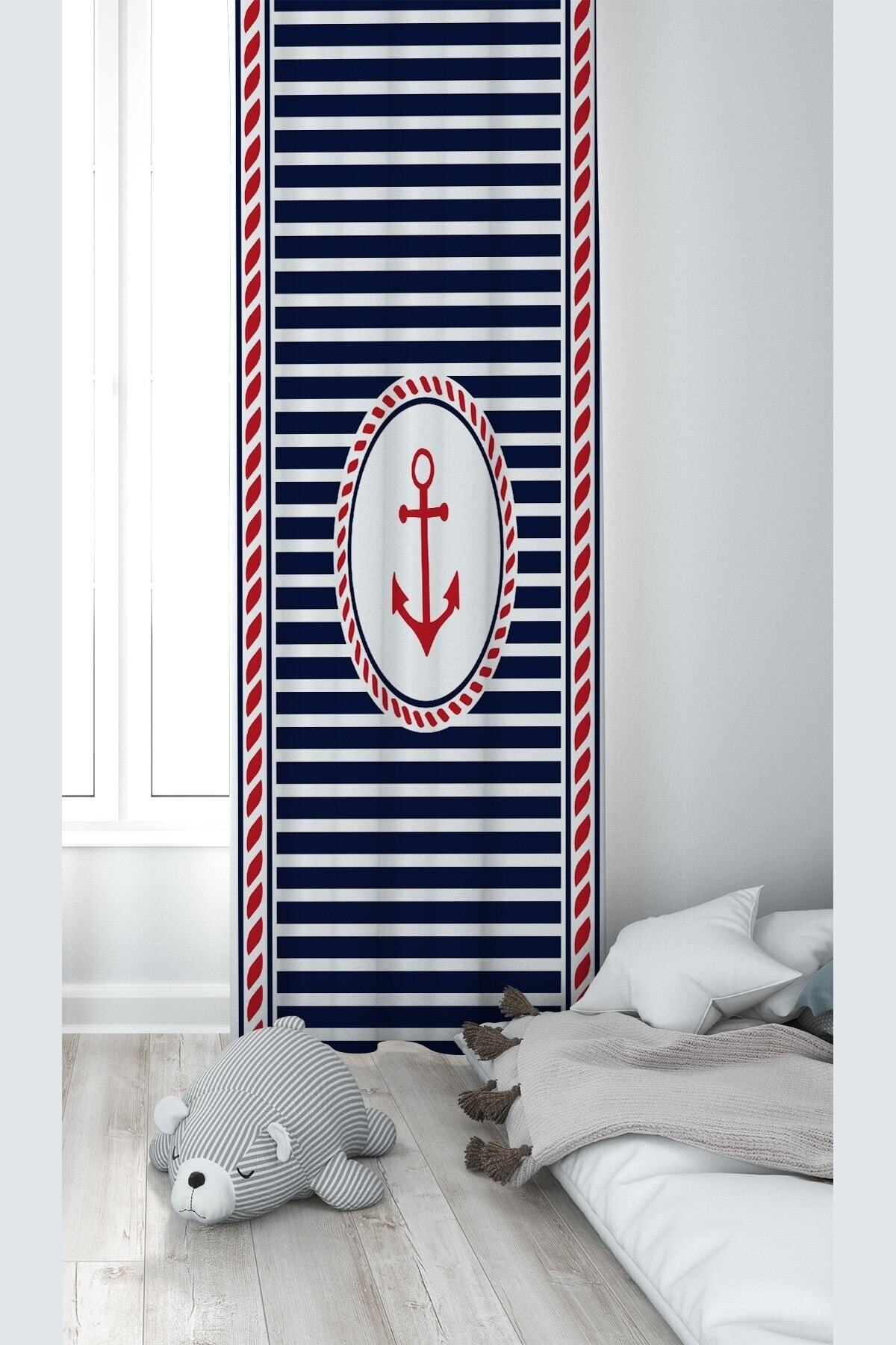 on the clouds-Blue Red Sailor Patterned Digital Printed Washable Room Background Curtain 1